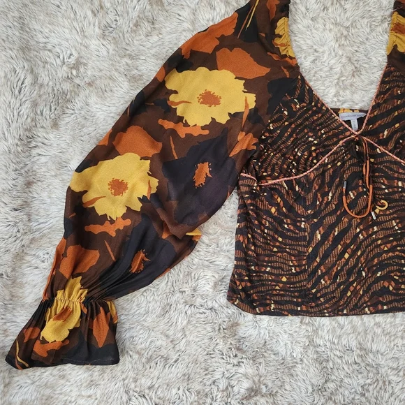 Anthropologie Conditions Apply Zeena Puff Sleeve Blouse‎ Brown Motif Women's XL - Picture 4 of 13